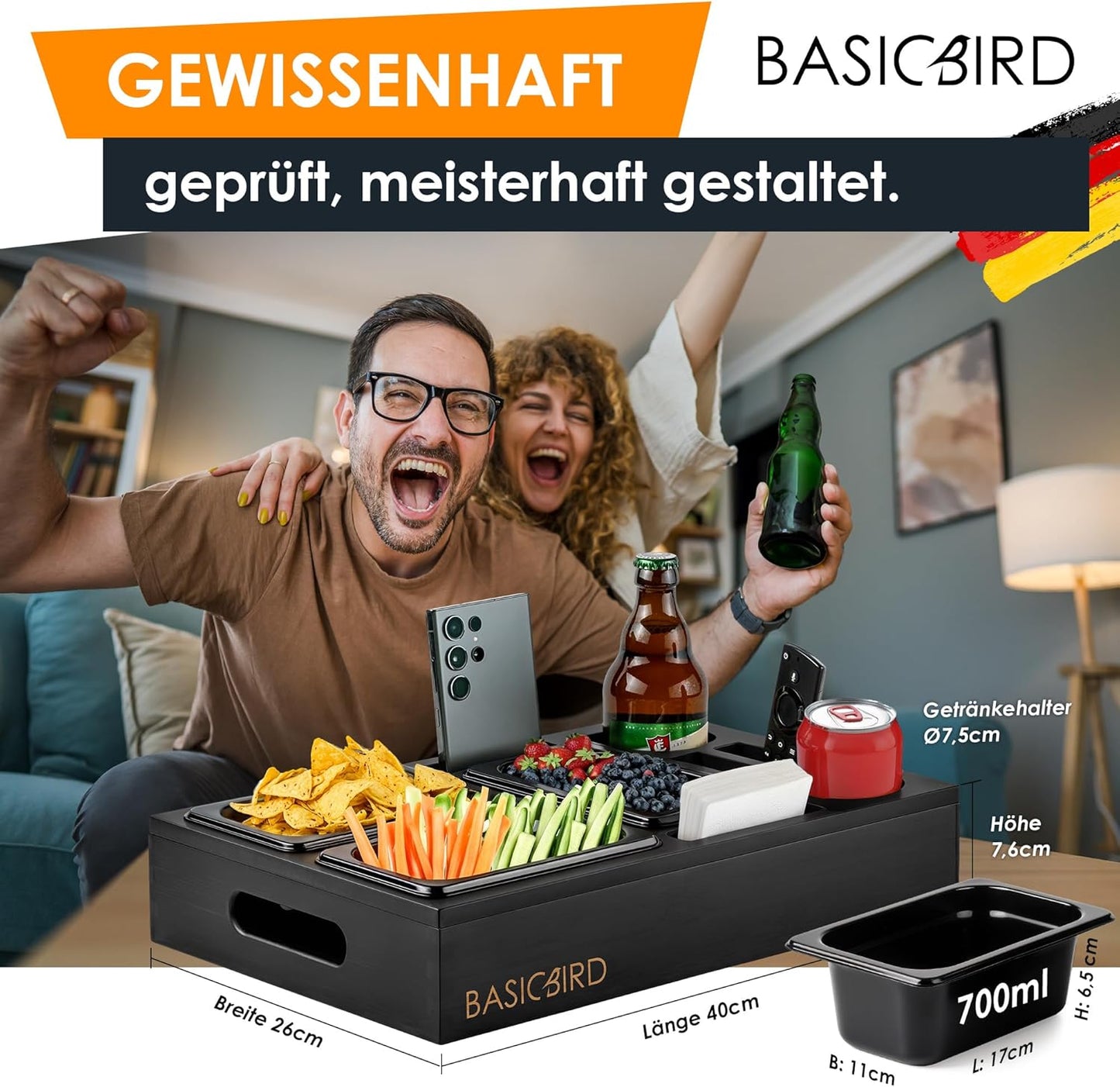 Couchbar Snackbox mit Tablett und Snackschalen (Black Edition), Black Edition