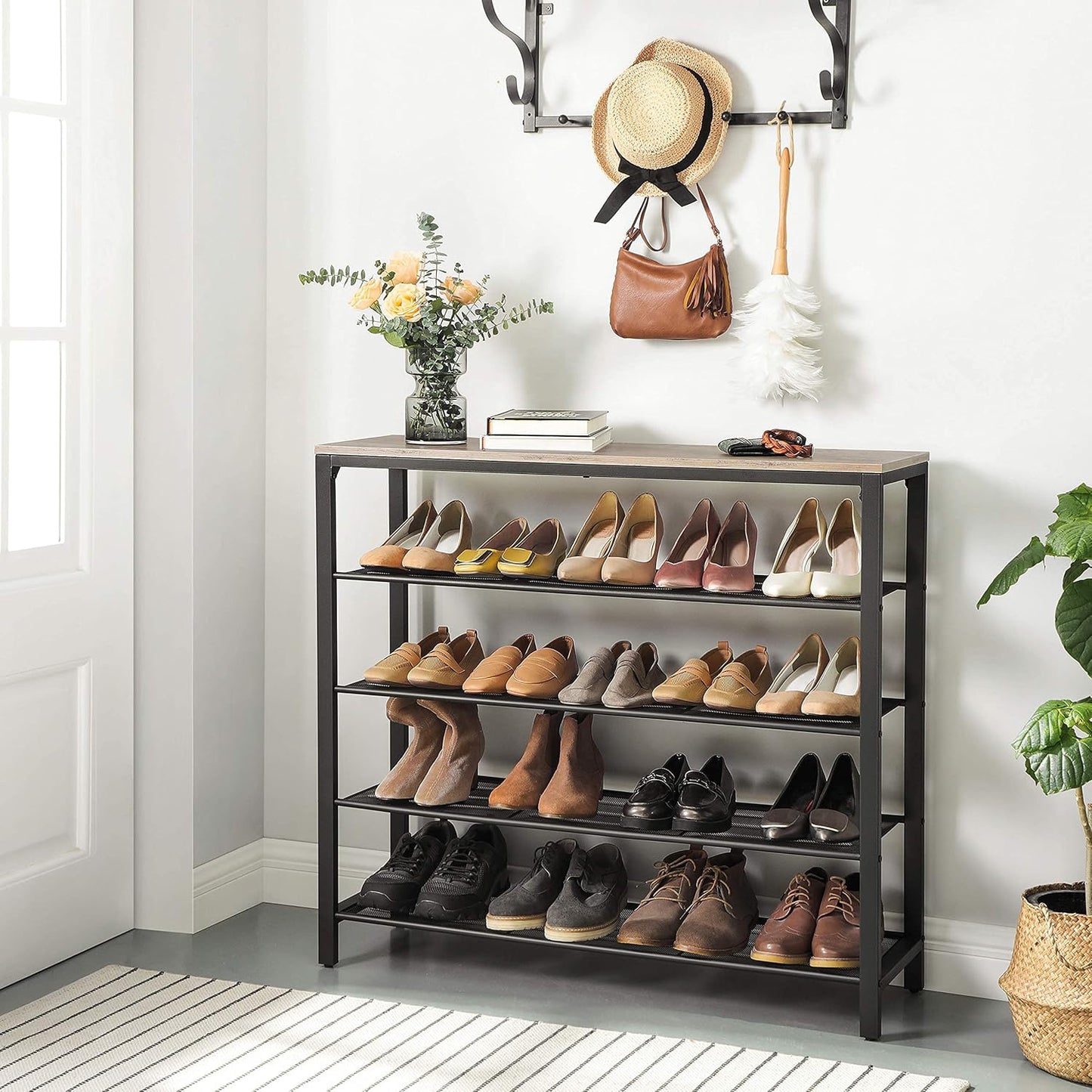 Schuhregal mit 5 Ebenen, 5 Ebenen (100B cm) Greige + Schwarz