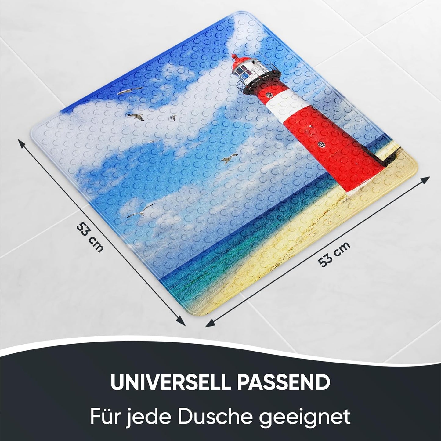 Rutschfeste Duschmatte 53x53 cm, maschinenwaschbar, Leuchtturm