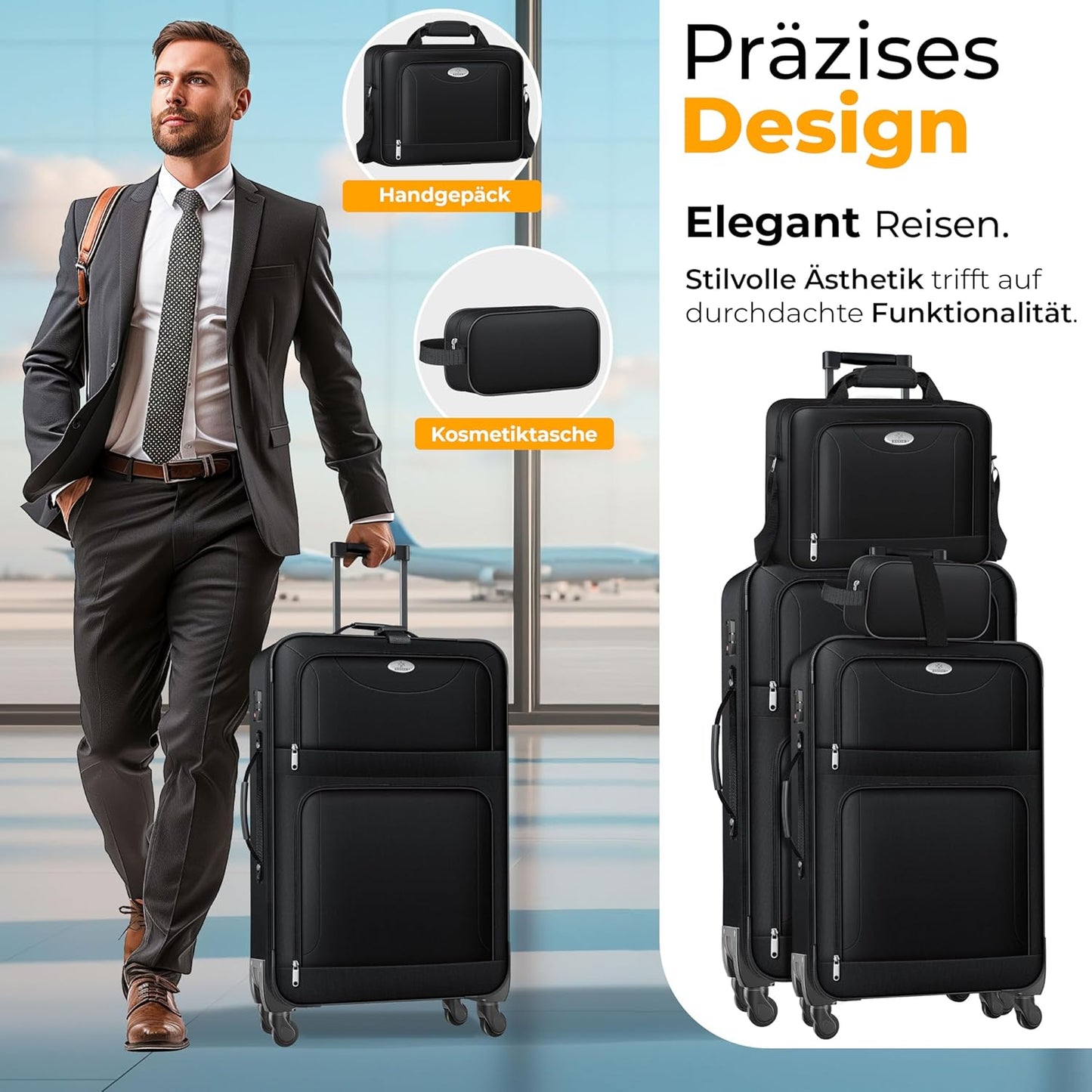 Reisekoffer Set 4-teilig mit TSA-Schloss & Rollen, Schwarz