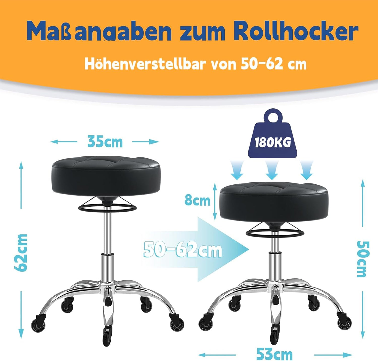 Höhenverstellbarer Rollhocker mit 360° Rollen, Schwarz