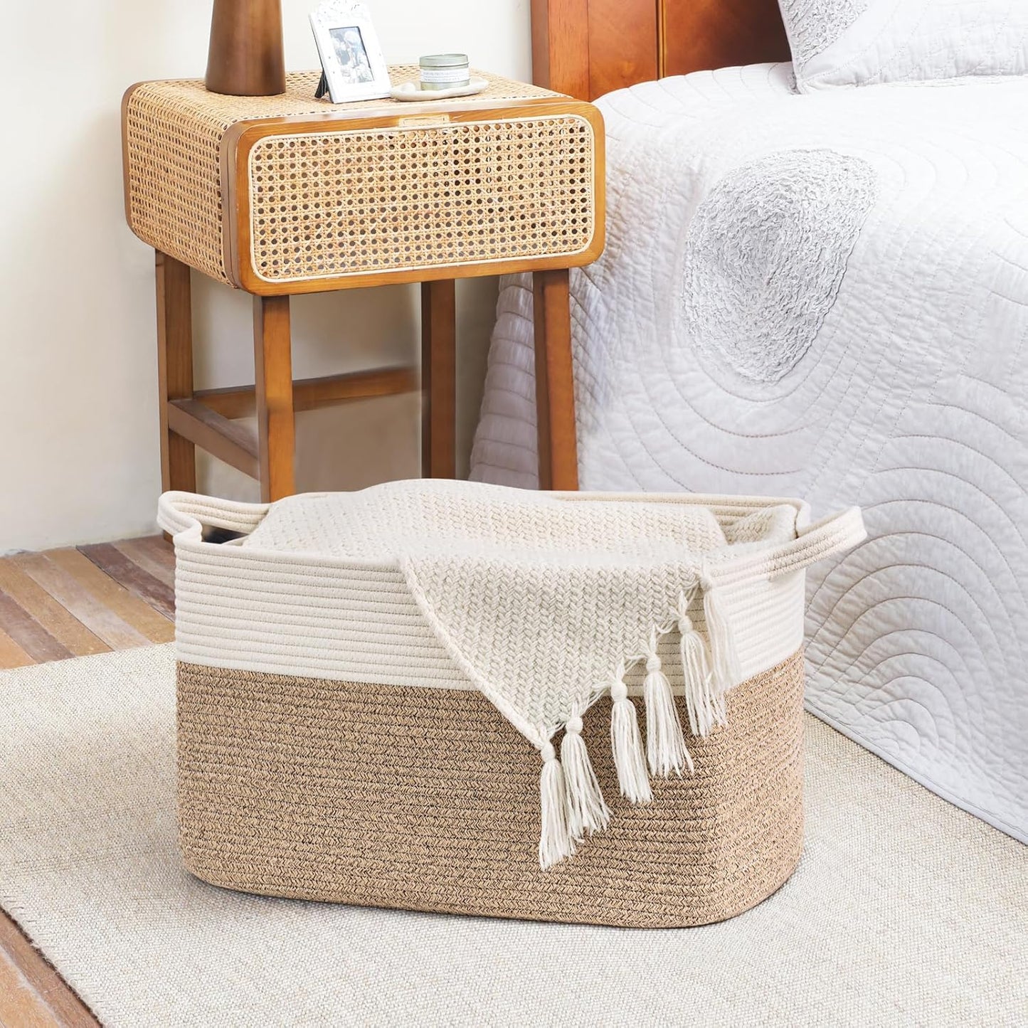 Faltbarer Wäsche- und Aufbewahrungskorb, Weiß und Braun 65L（55 x 38 x 29 cm）