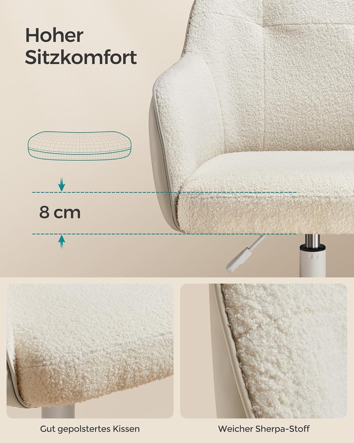 Höhenverstellbarer Schreibtischstuhl, Cappuccinobeige / Sherpa-Stoff + PU