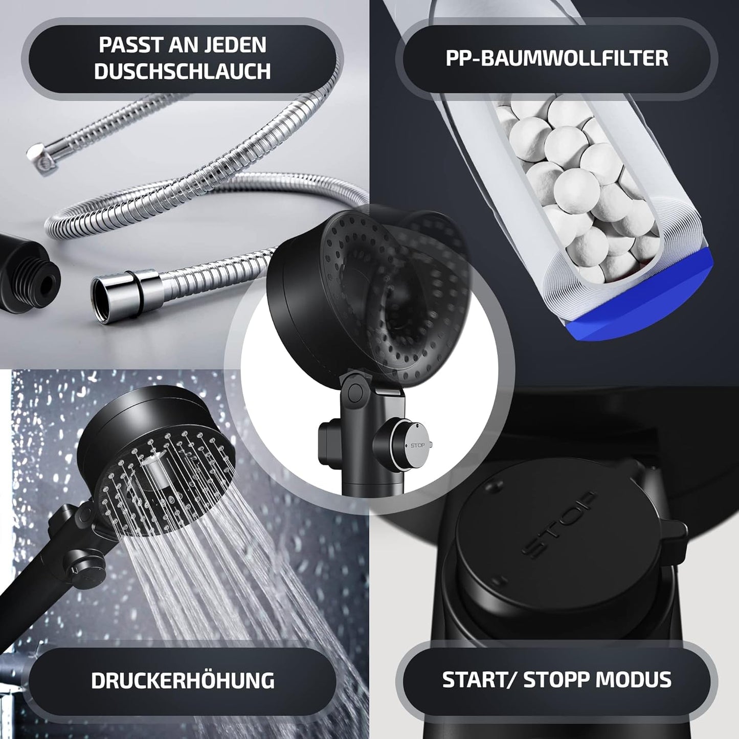 Duschkopf mit Filter & Booster Modus, Matt Schwarz