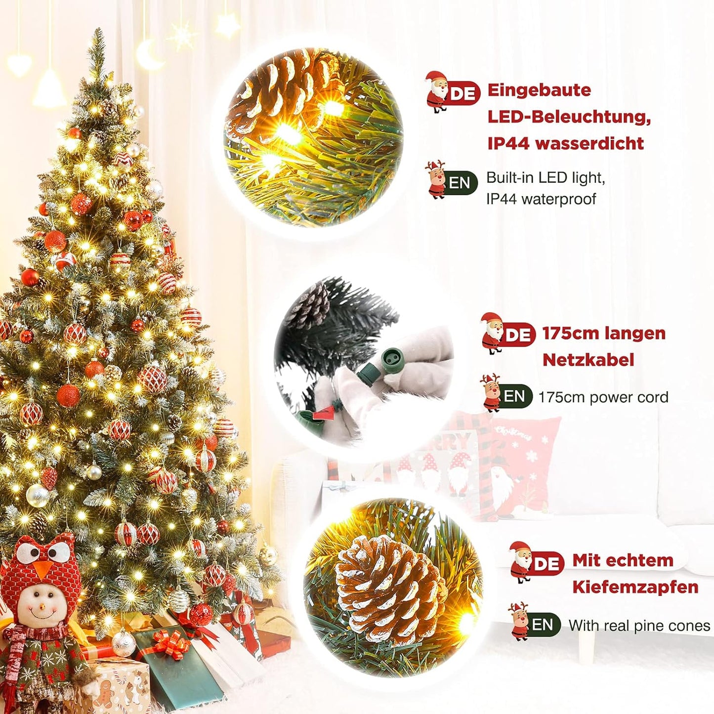 Künstlicher Weihnachtsbaum mit LED-Beleuchtung und Tannenzapfen, 150 cm