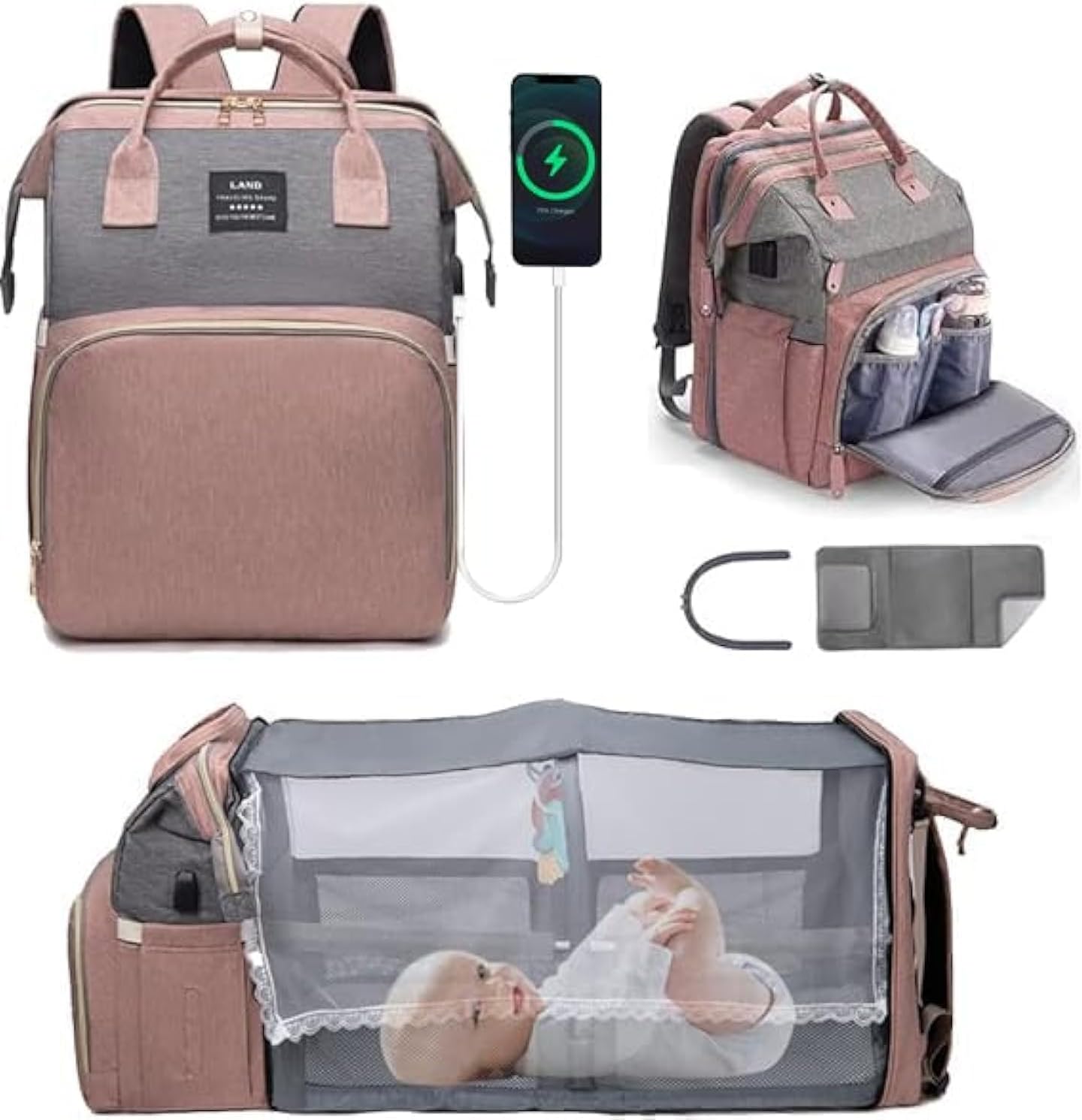 Multifunktionaler Wickeltaschen-Rucksack mit Wickelunterlage, Rosa