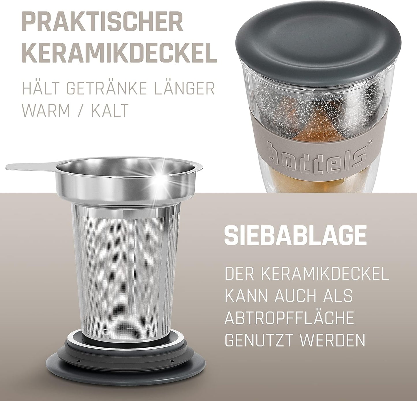 Doppelwandiger Teebecher mit Edelstahl-Sieb, 380ml, Taupe