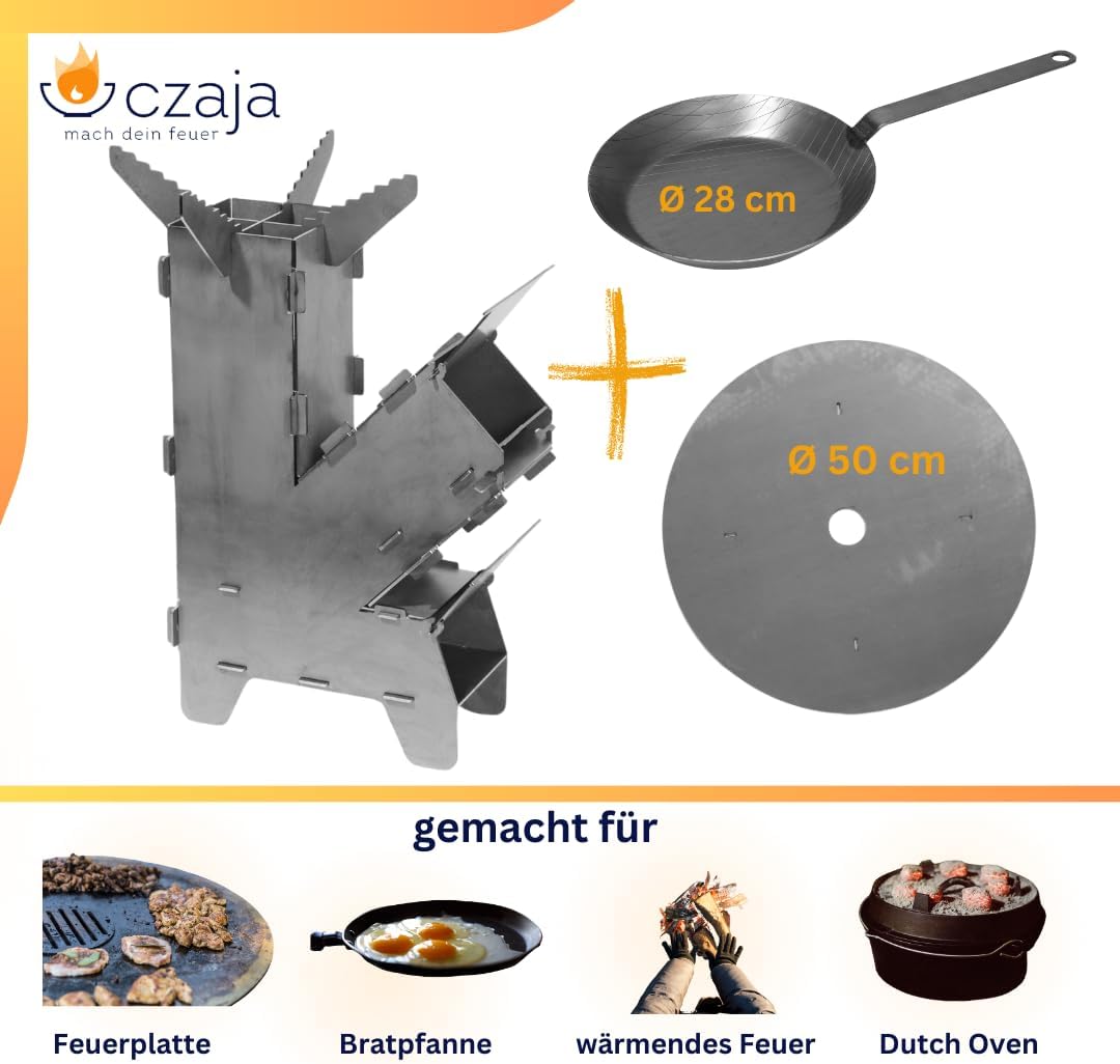Raketenofen mit Grillplatte & Bratpfanne, Gross Feuerplatte und Bratpfanne