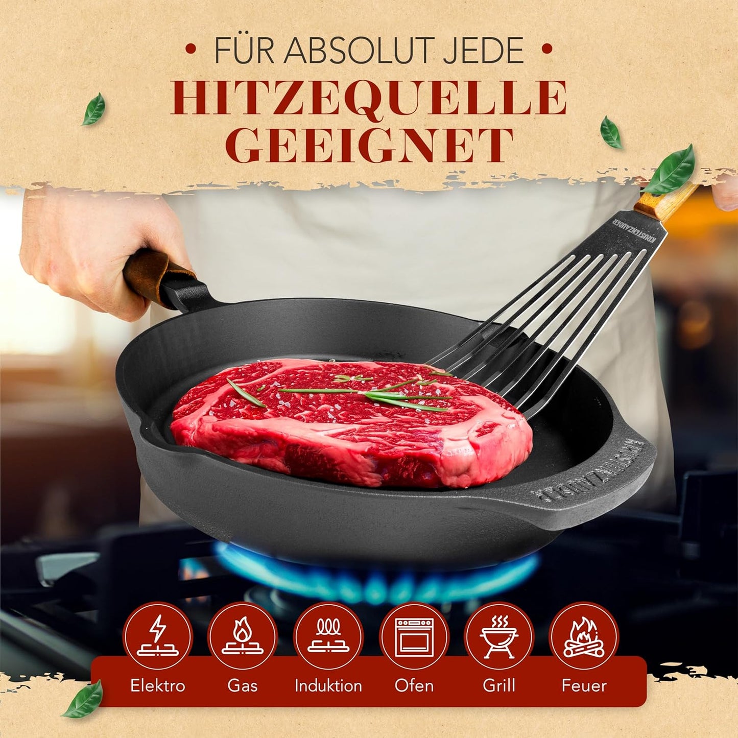Gusseisenpfanne 28cm mit Deckel & Wender, 28cm Geschliffene Pfanne + Deckel + Wender
