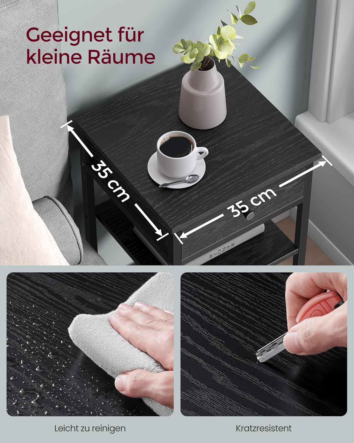 Nachttisch mit Schublade und Fächern im Industrie-Design, Ebenholzschwarz + Tintenschwarz