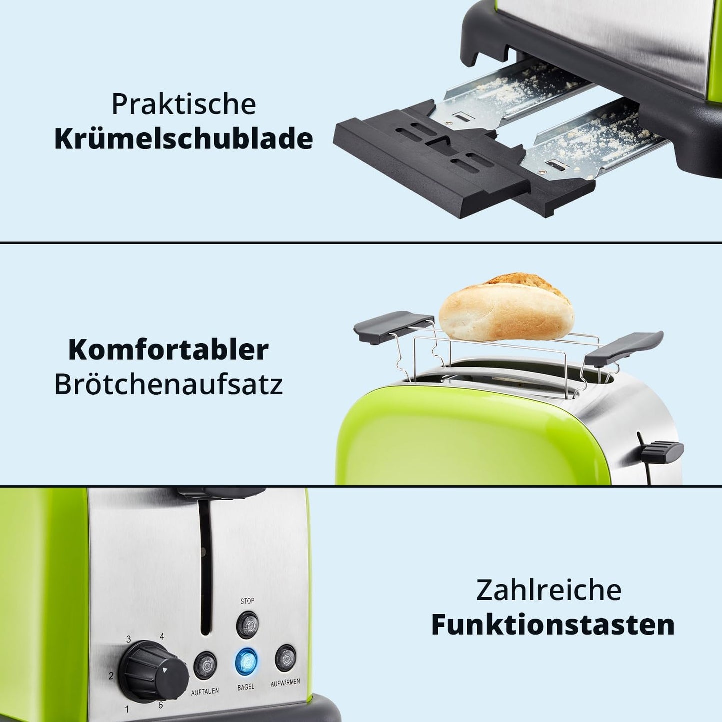 American Diner Style Toaster TO-1005 mit Brötchenaufsatz, 2 Scheiben, Lime (Grün)-edelstahlfarben-schwarz