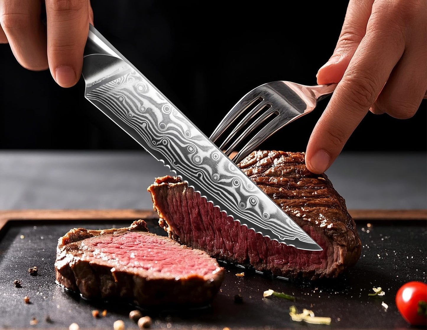 Pro Series Steakmesser-Set mit Wellenschliff und Messerblock, Steakmesser mit Block