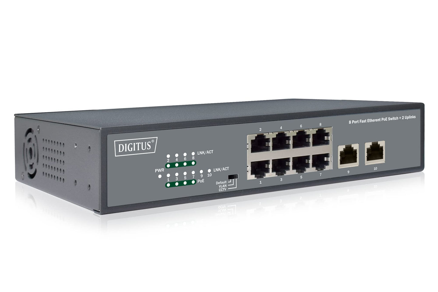 8-Port Fast Etherent PoE-Switch + 2 Uplinks, 8-Port + 2x Uplink Classic Unmanaged (PoE)