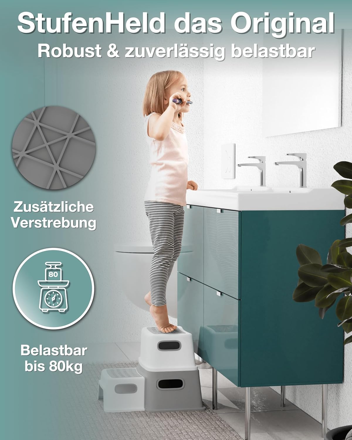 Sicherer Kinder Tritthocker mit Anti-Rutsch-Stufen, 2 Stufen Grau/Weiß