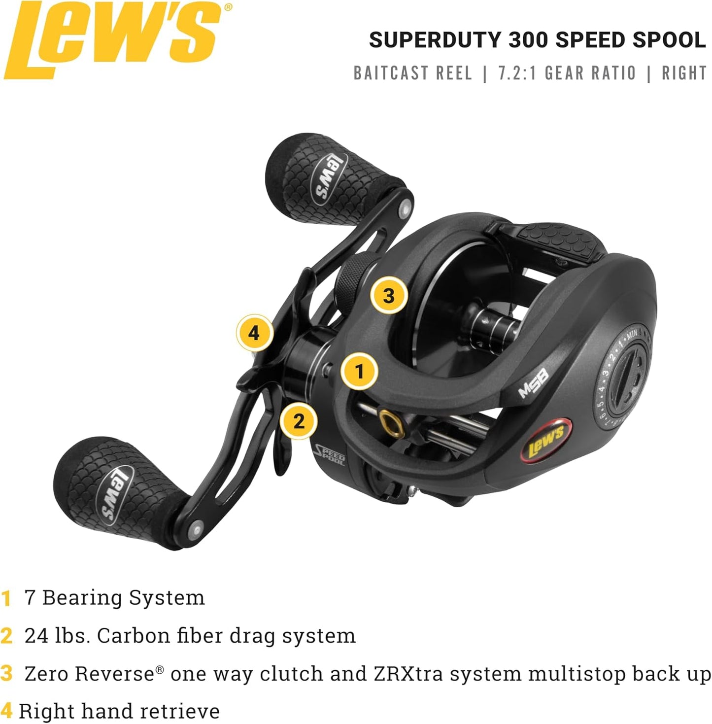 SuperDuty Rechtshänder-Baitcast-Rolle 300 Geschwindigkeit 7,2:1, 7,2:1 Rechtshänder-Baitcast-Rolle, 190/14 - 35"
