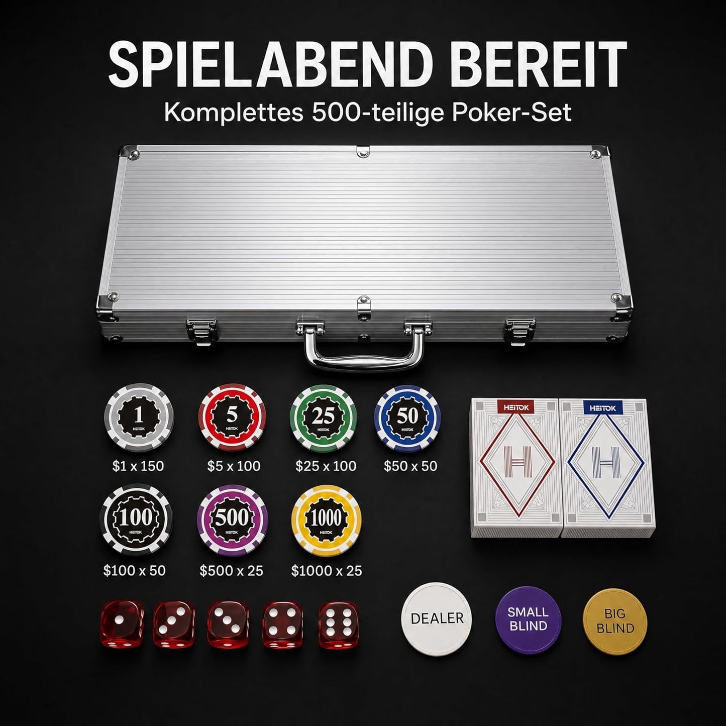 Poker Set im Alukoffer, 500 Chips mit Zahlen Alukoffer