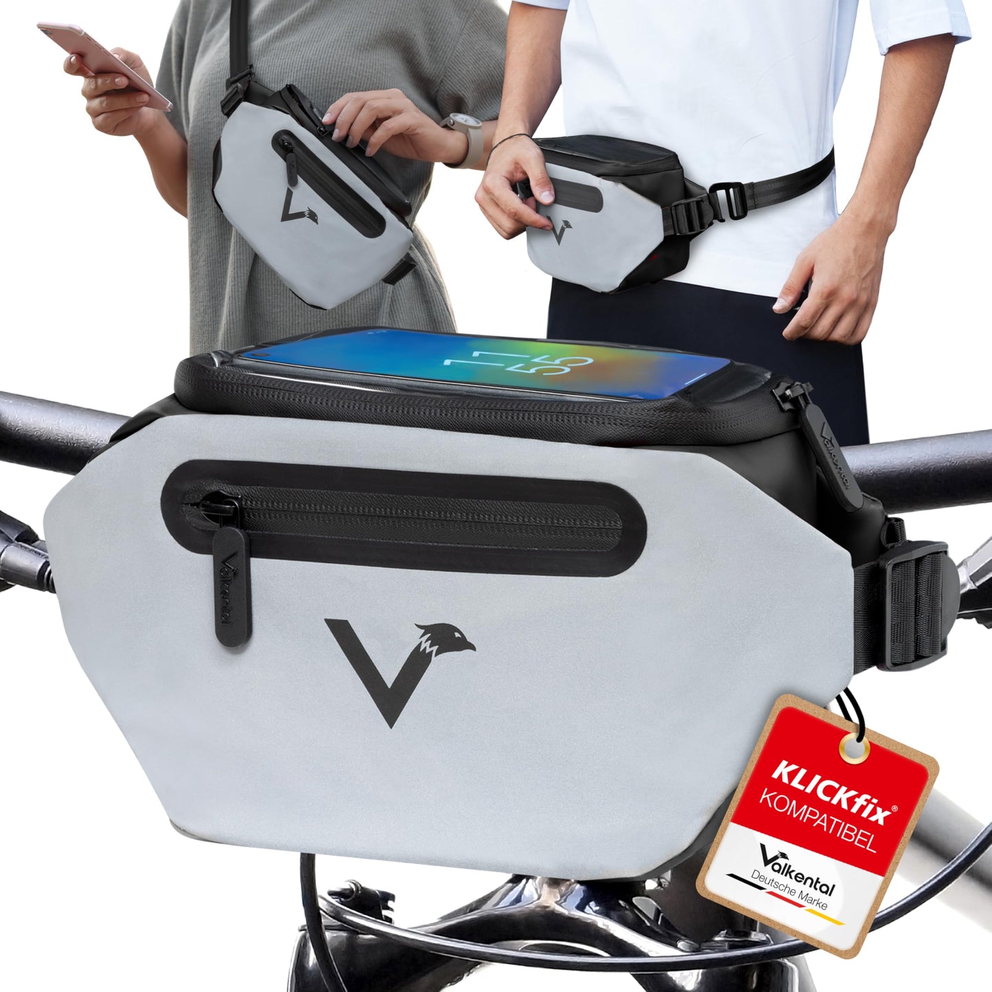 Wasserfeste Lenkertasche mit Handyfach, Schwarzreflective Einzeln
