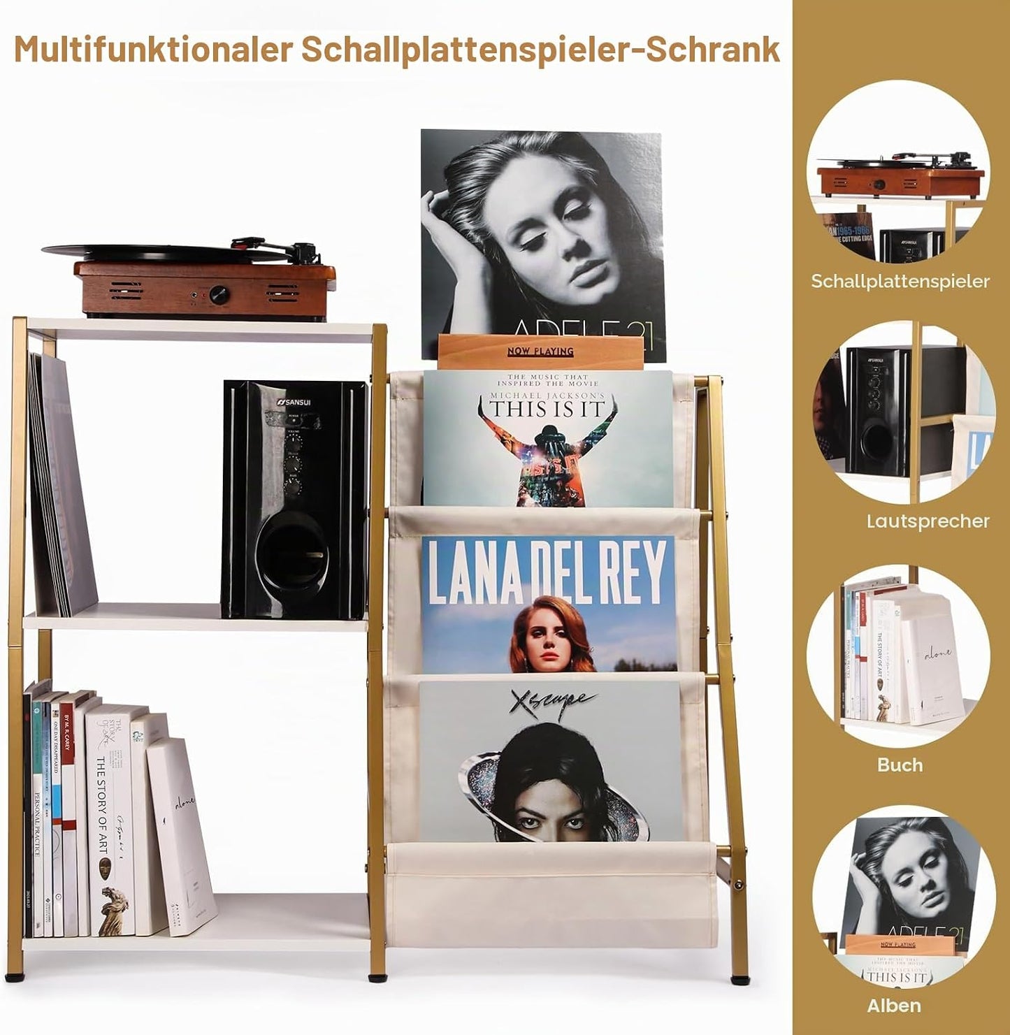 Plattenspieler mit Vinyl-Aufbewahrungssystem, Weiss / Goldfarben