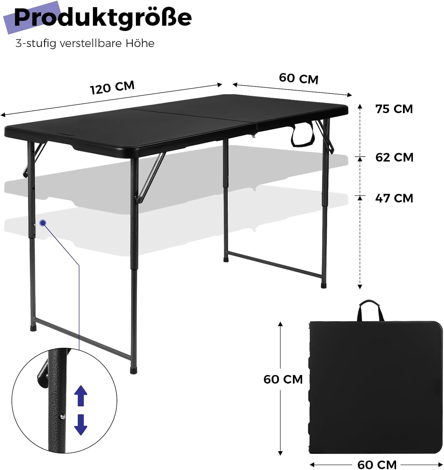 Höhenverstellbarer Klapptisch, Schwarz