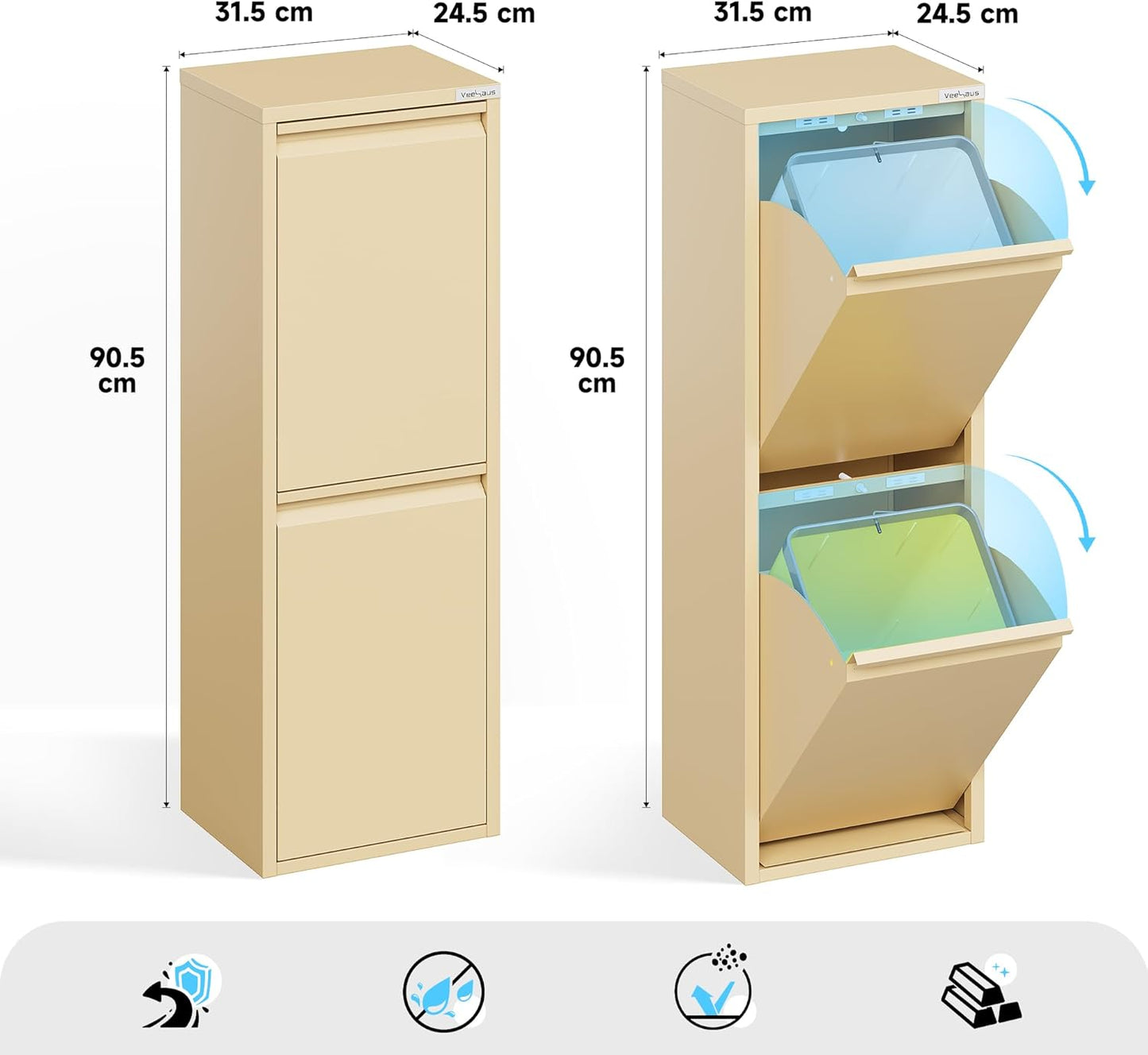 Küchenmülleimer mit Klappdeckel, 2x15L, 2 x 15 L Beige