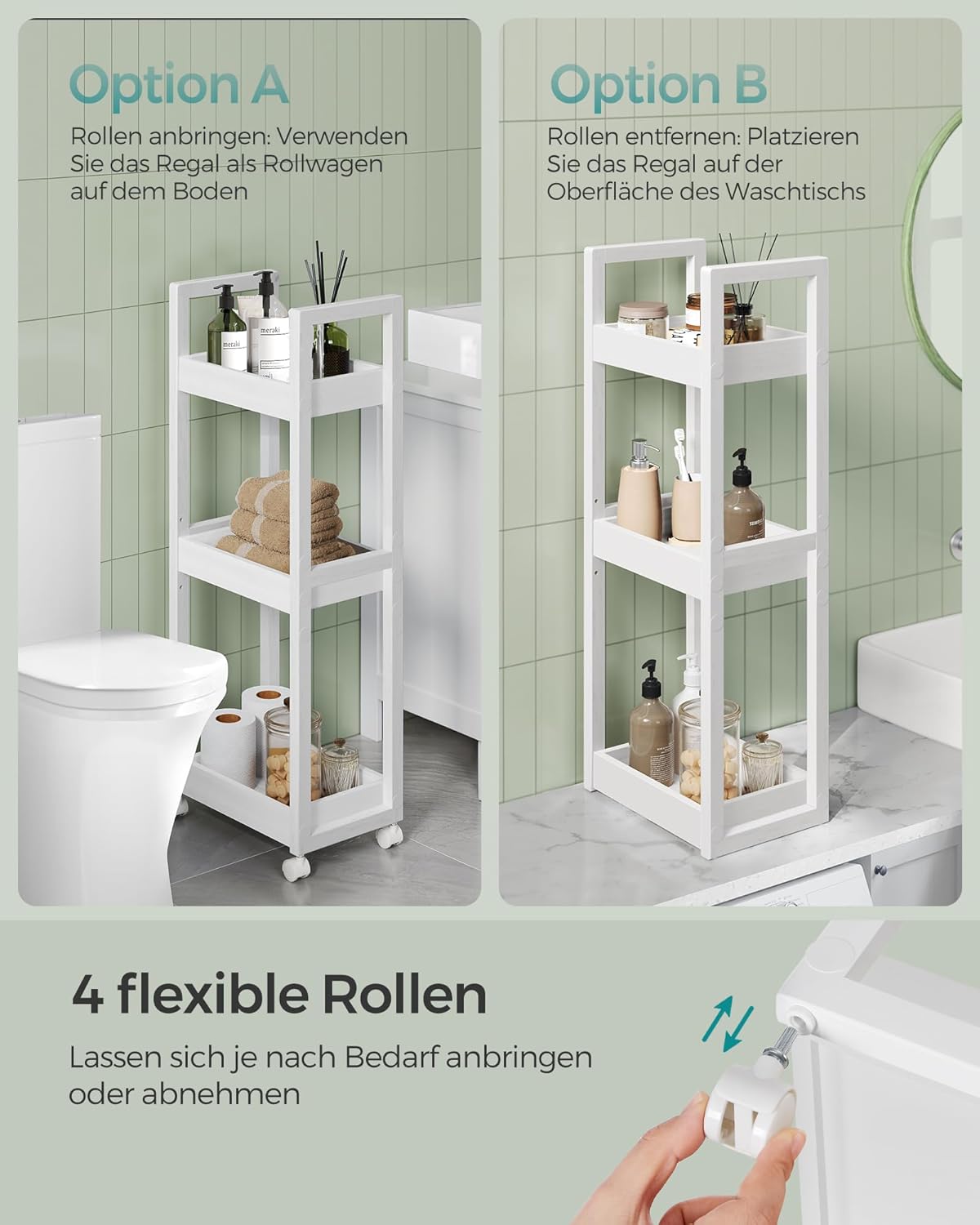 Rollwagen Badezimmerregal mit 3 Ebenen, Weiss