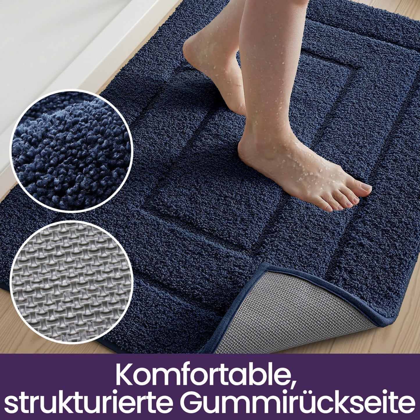 Saugfähige Badematte, rutschfest und maschinenwaschbar, 50 x 80 cm (Rechteckig) Marineblau
