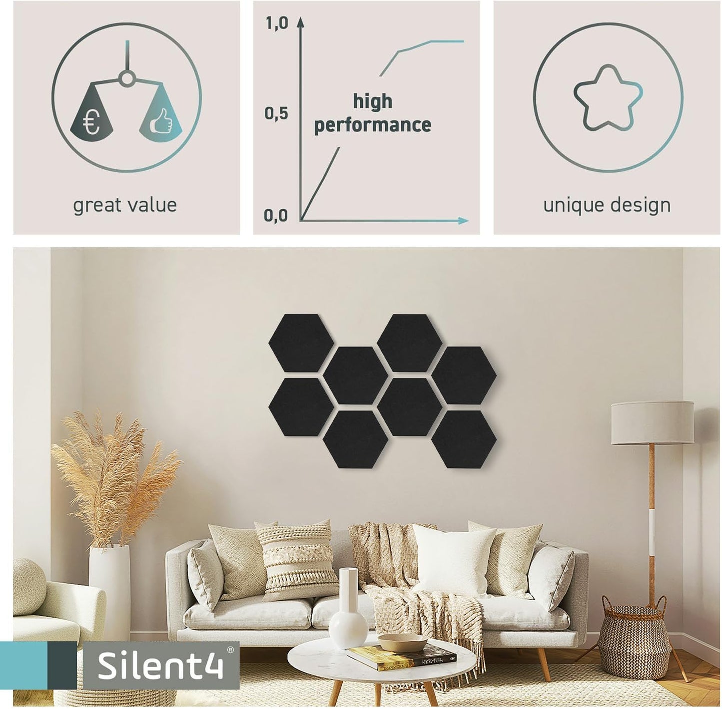 8-teiliges Wand-Set mit Hexagon-Design aus Akustikvlies, Hexagon8 (0,35m²) 01_Schwarz_Hexagon
