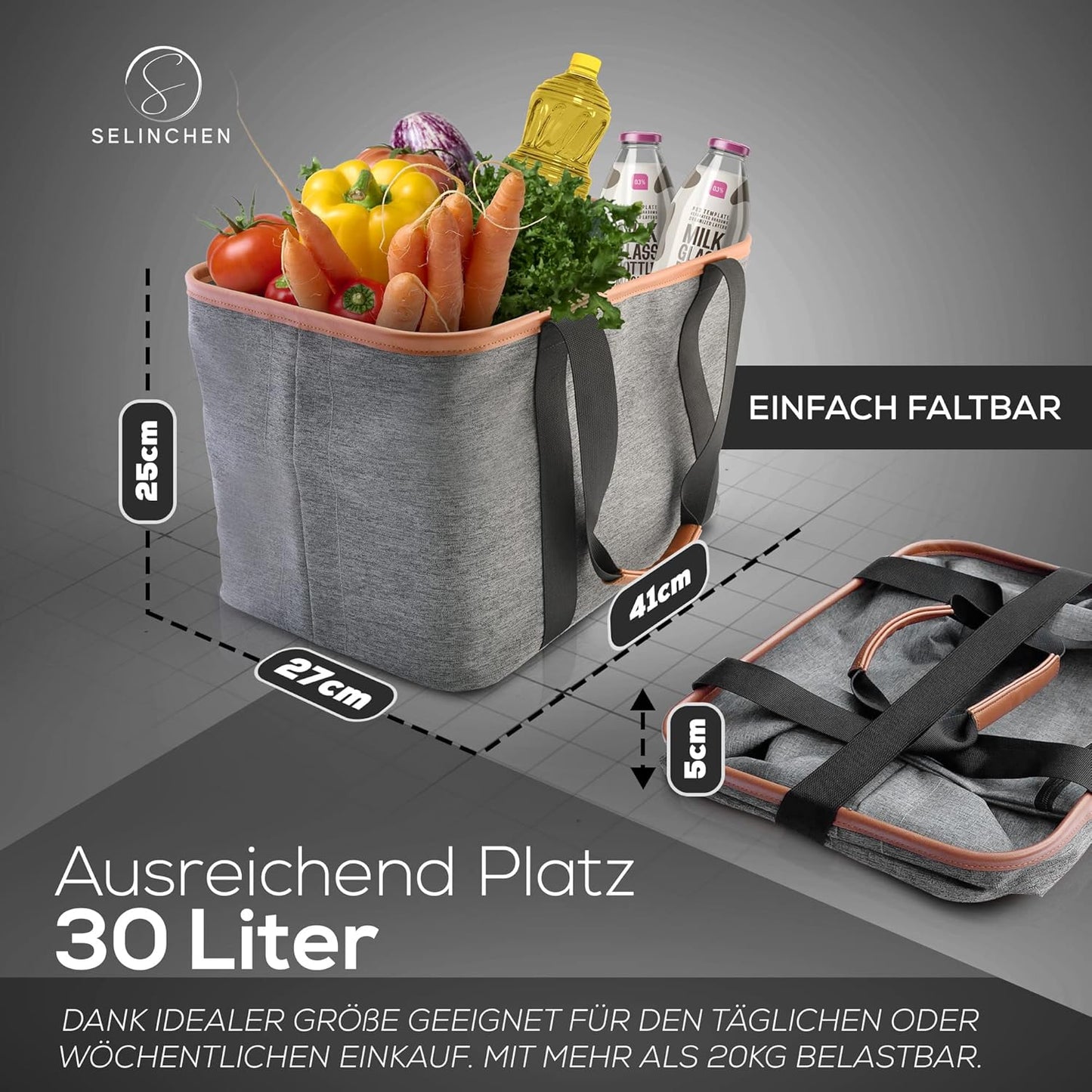 Premium faltbare Einkaufstasche mit PU-Ledergriff, Grau