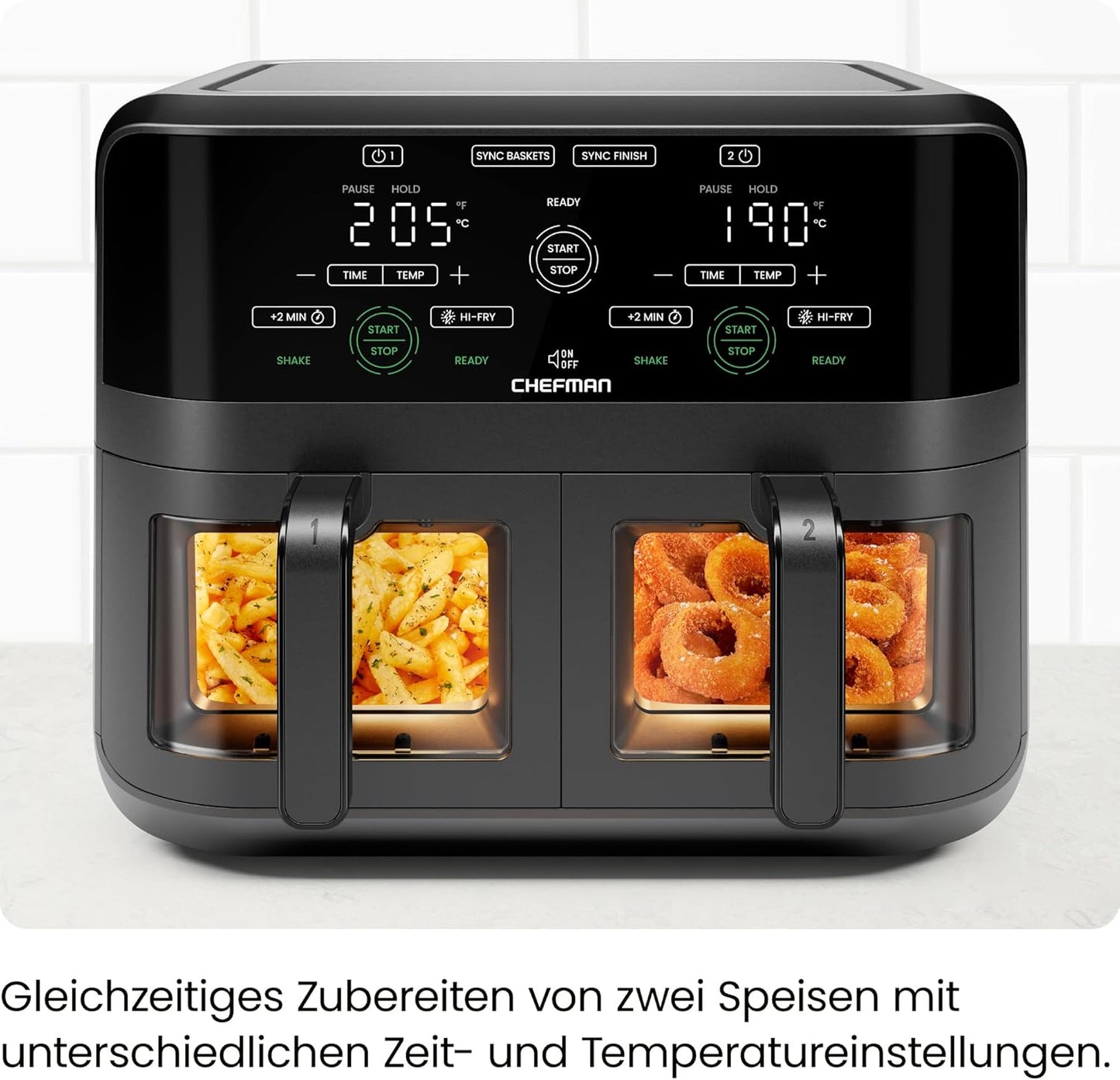 Heissluftfritteuse mit Easy-View-Fenster, Black 5,6L Doppelkorb