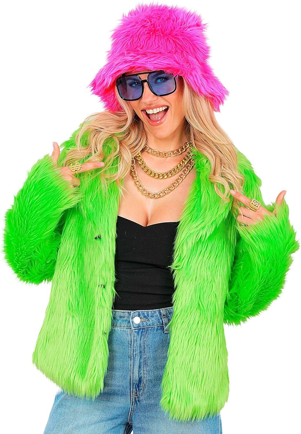 Flauschige Damen-Kunstfelljacke, Neon-grün S-M