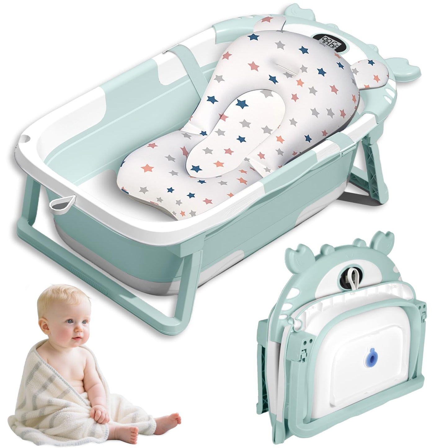 Faltbare Babybadewanne mit Thermometer und Badematte, Green