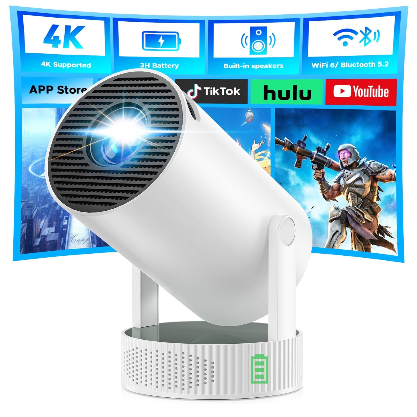 PR09 Mini Beamer mit Akku und Android 11.0, Off white