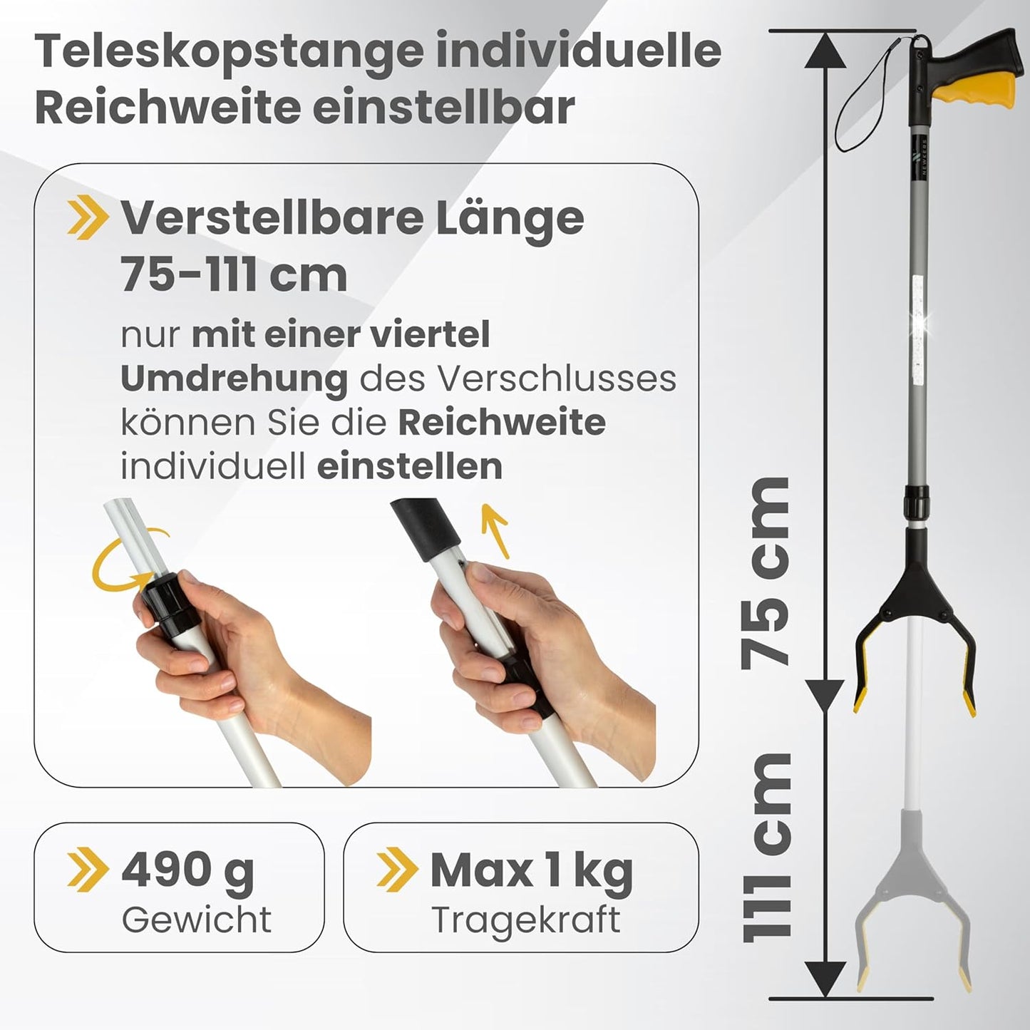 Teleskop Greifzange für Senioren mit 360° Drehkopf, Schwarz