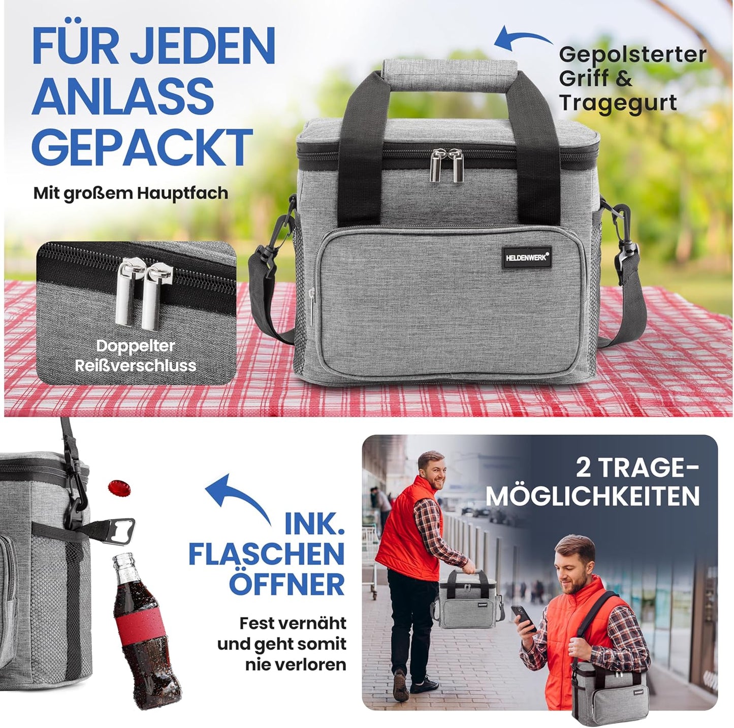 Faltbare Kühltasche mit Flaschenöfffner, wasserdicht & auslaufsicher, 10L (L29 x B20 x H22 cm) Hellgrau