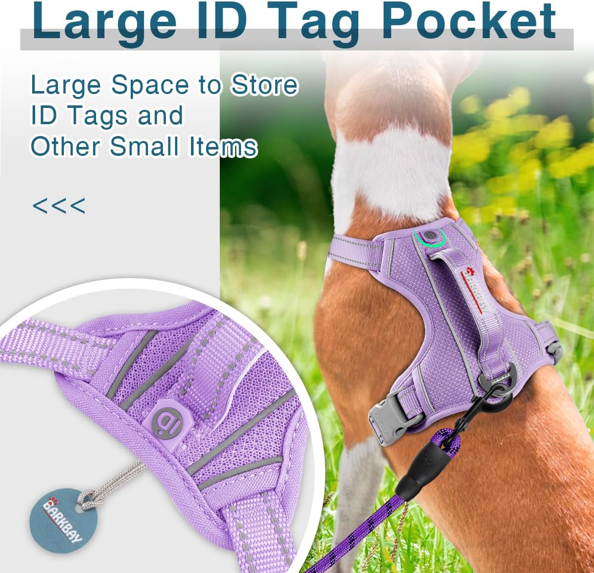 Reflektierendes Hundegeschirr mit ID-Tag Tasche, Medium(Chest:22.5-28") Lila