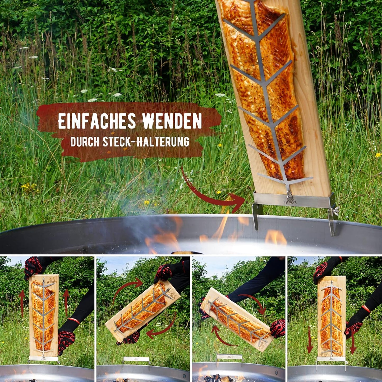 Flammlachsbrett mit Edelstahlhalterung, Zedernholz