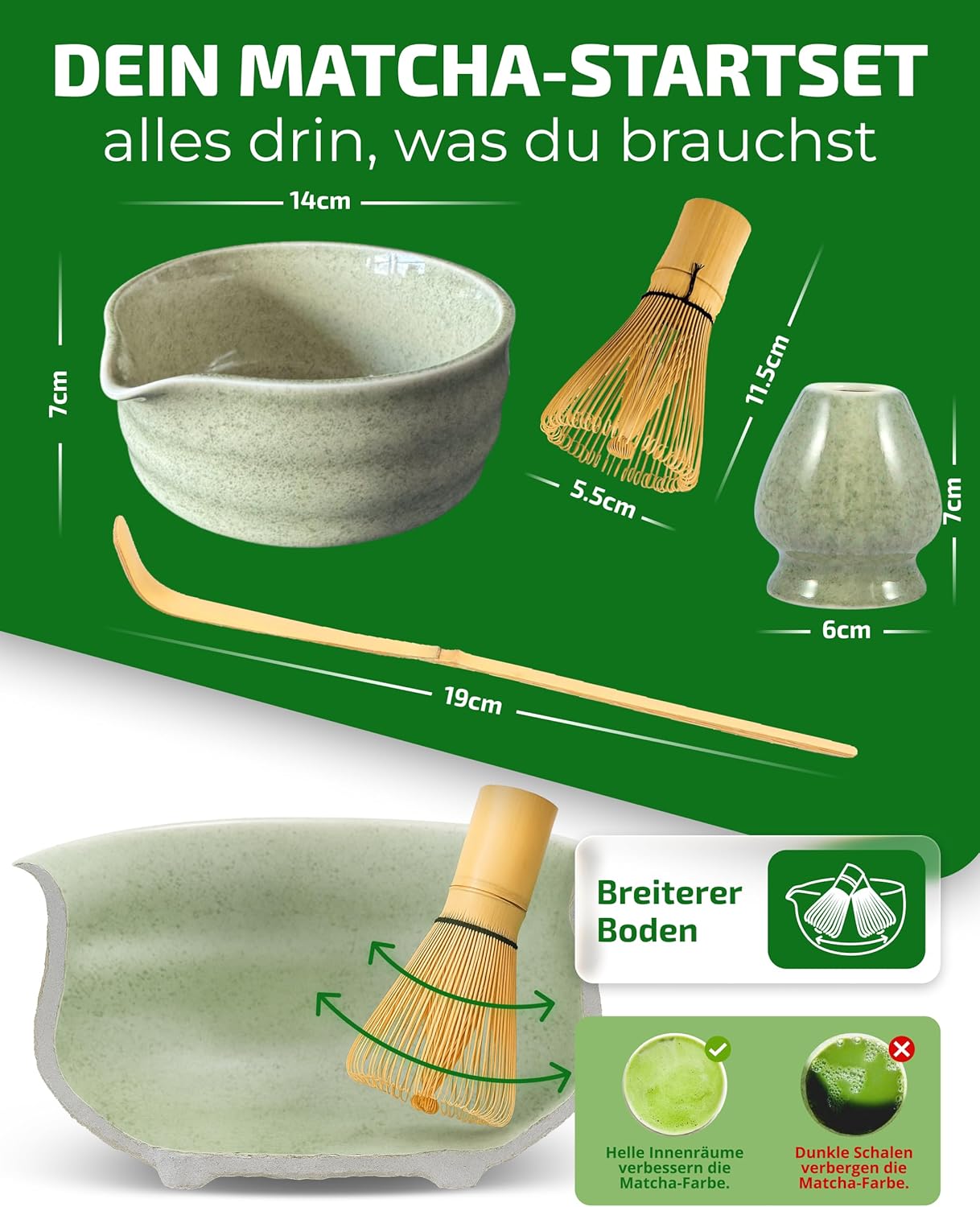 Matcha-Set mit Schale und Besen, Grün