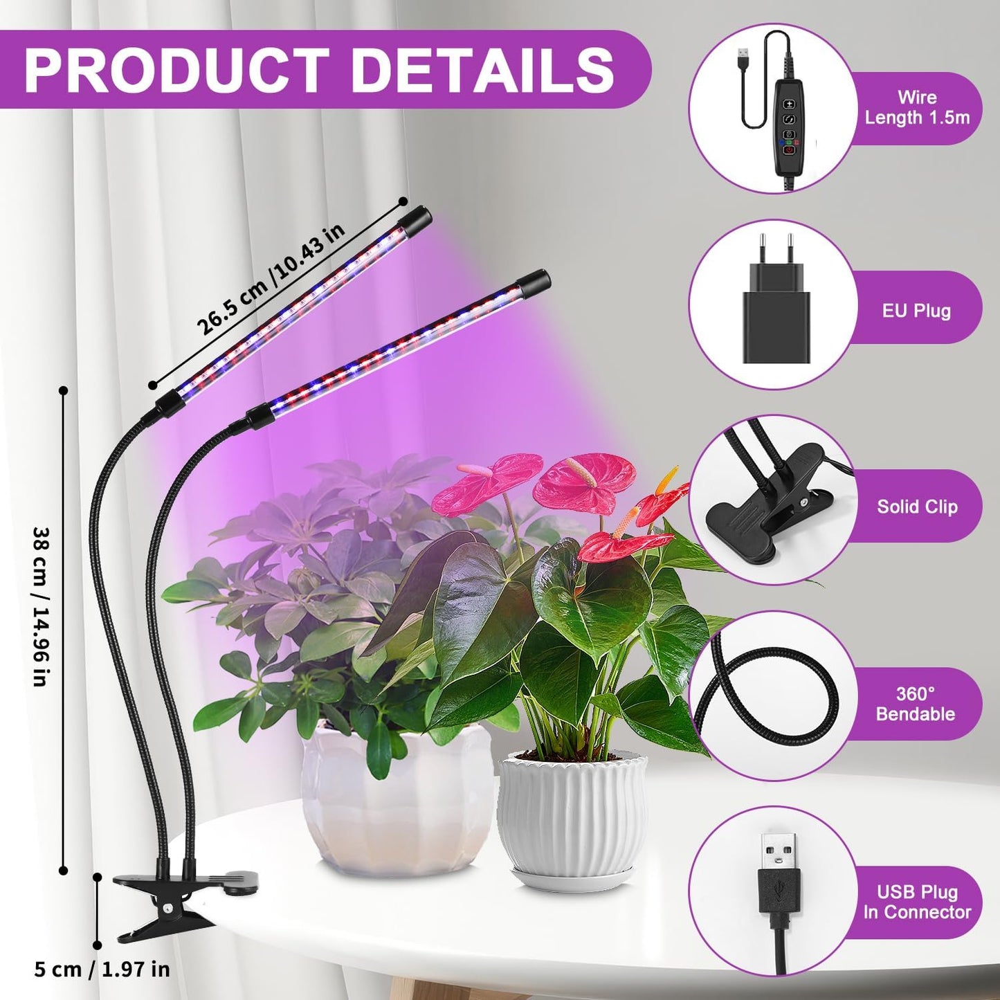LED Pflanzenlampe mit Timer, 2 Köpfe, Dimmbar