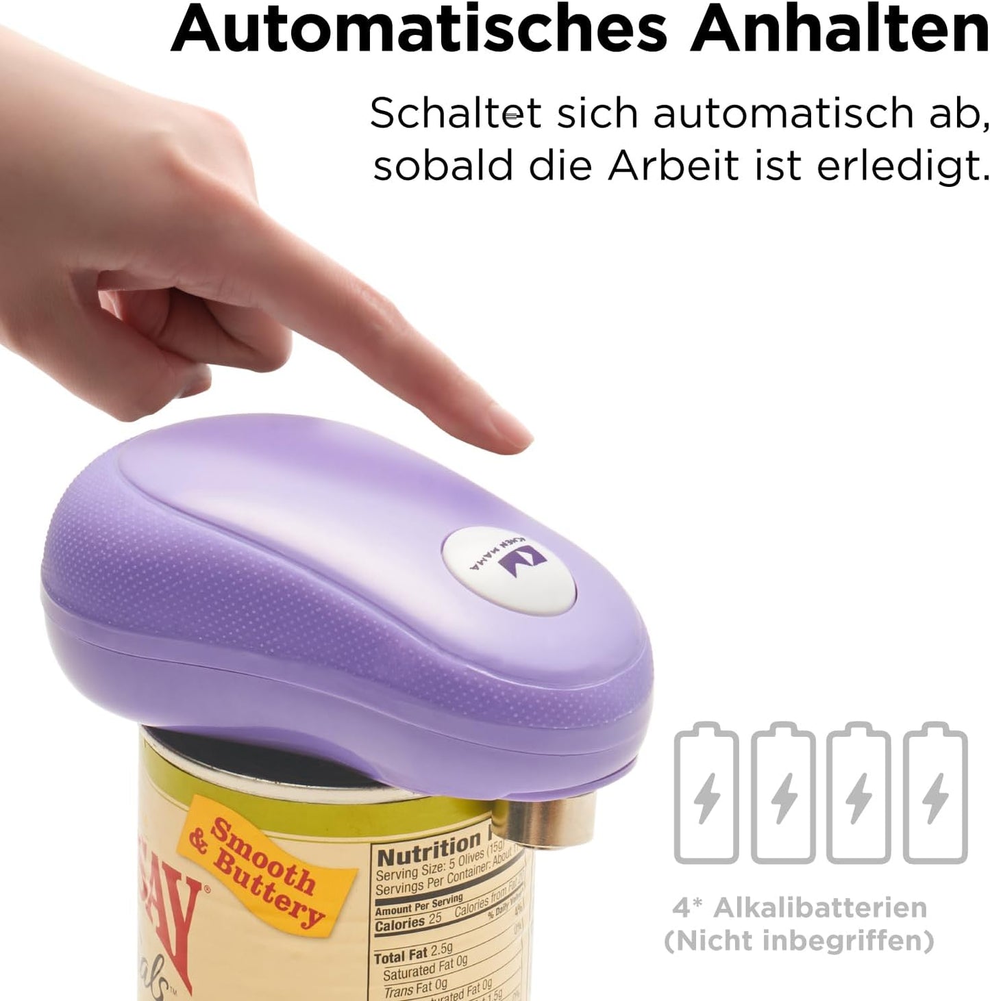 Elektrischer Dosenöffner One-Touch, ergonomisch, sicher, Lila