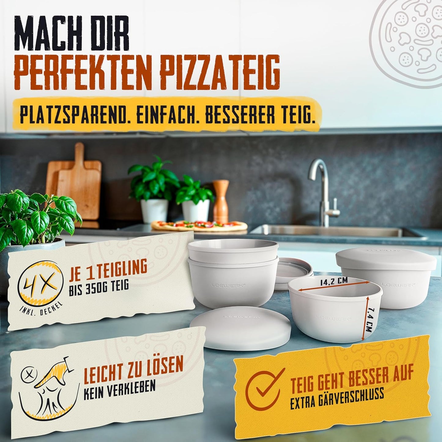 4er-Set Pizzaballenbox mit Deckel, 4 Stück grau