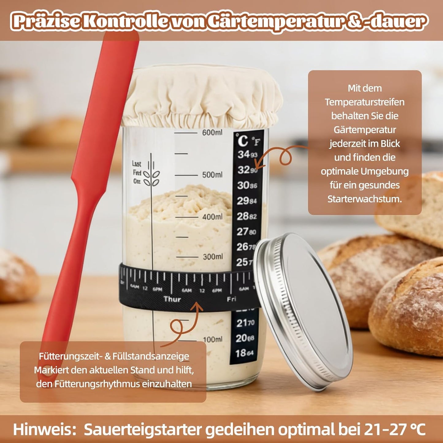 Gärkörbchen Starter Set, Rund+oval+sauerteig Glas