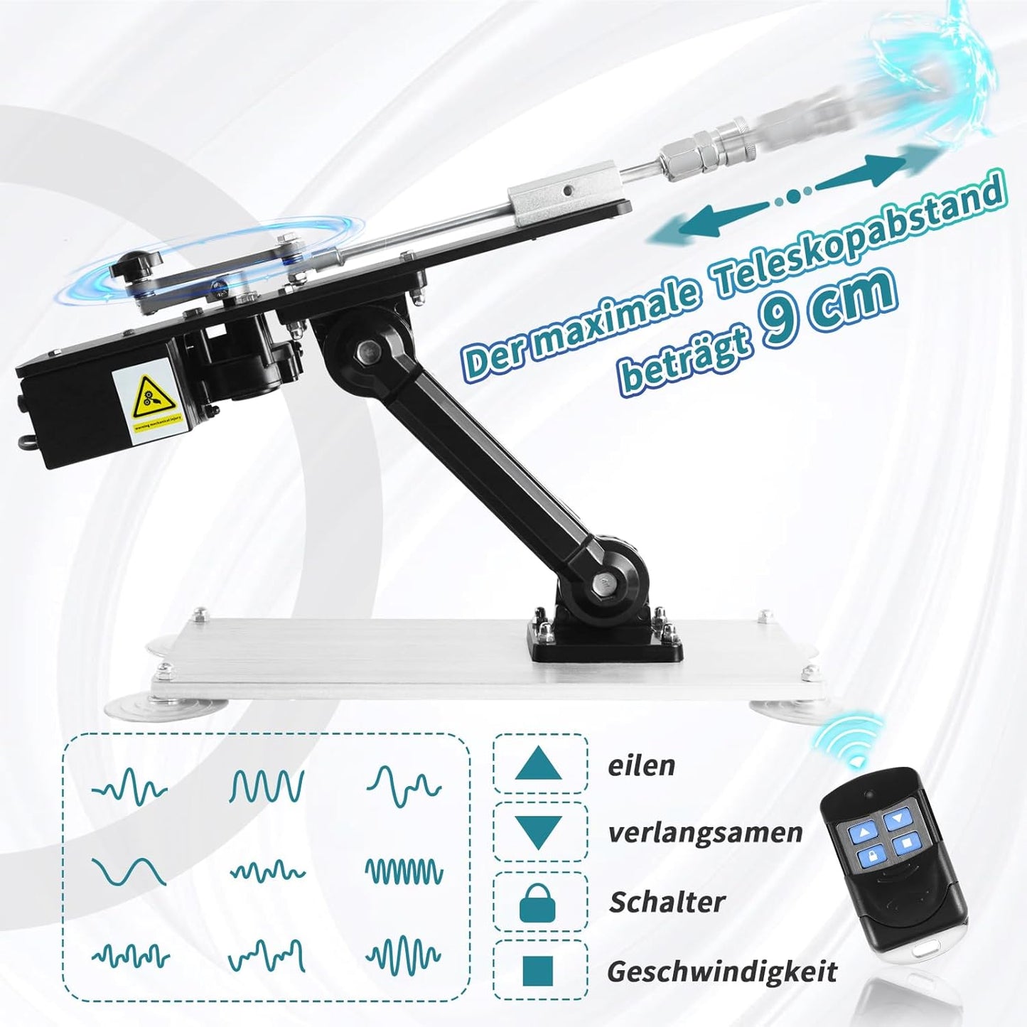 Fickmaschine mit Dildo, Fernbedienung und Adapter, Silber mit Schwarz