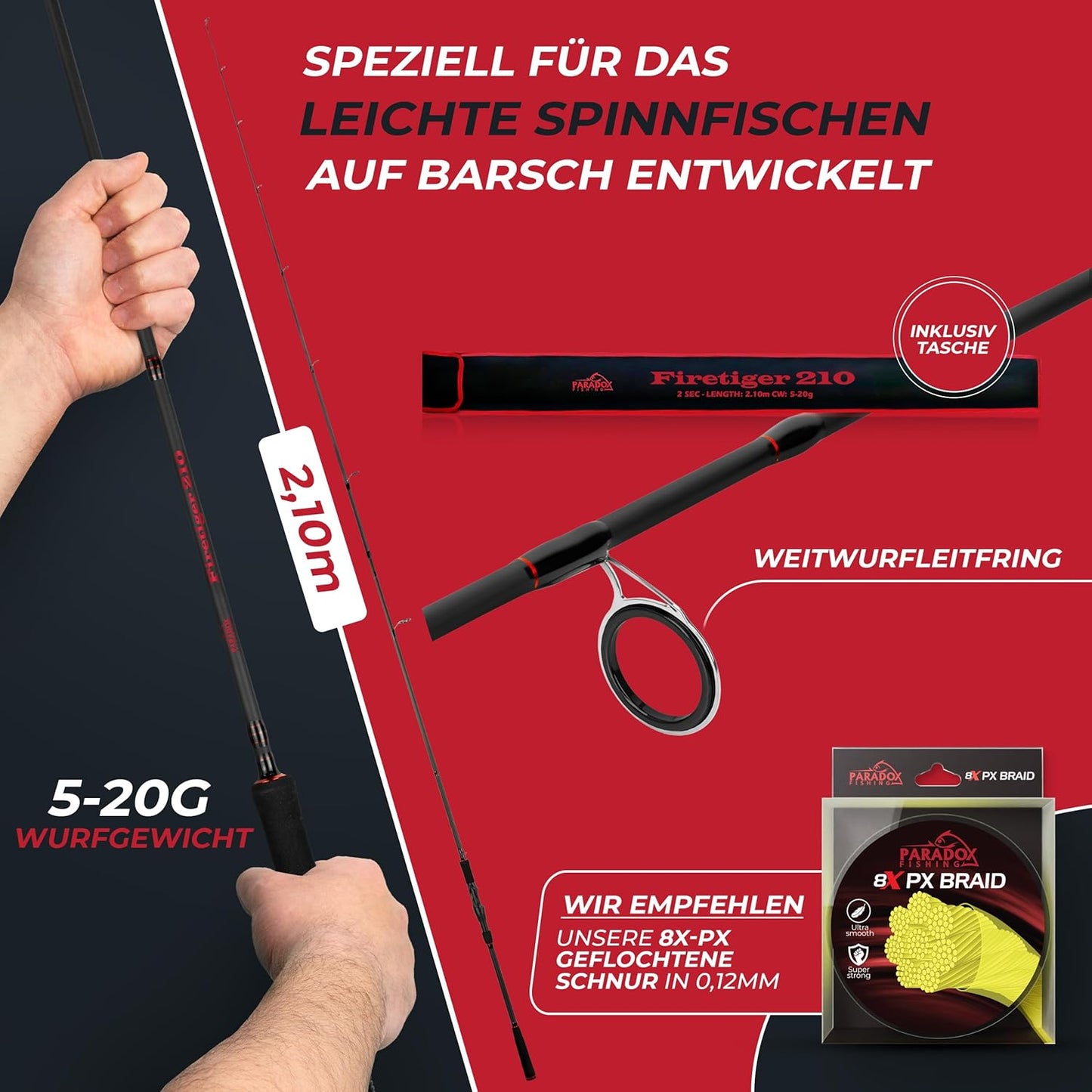 Firetiger Spinnrute für Raubfische, 2,1m 5-20g Rute