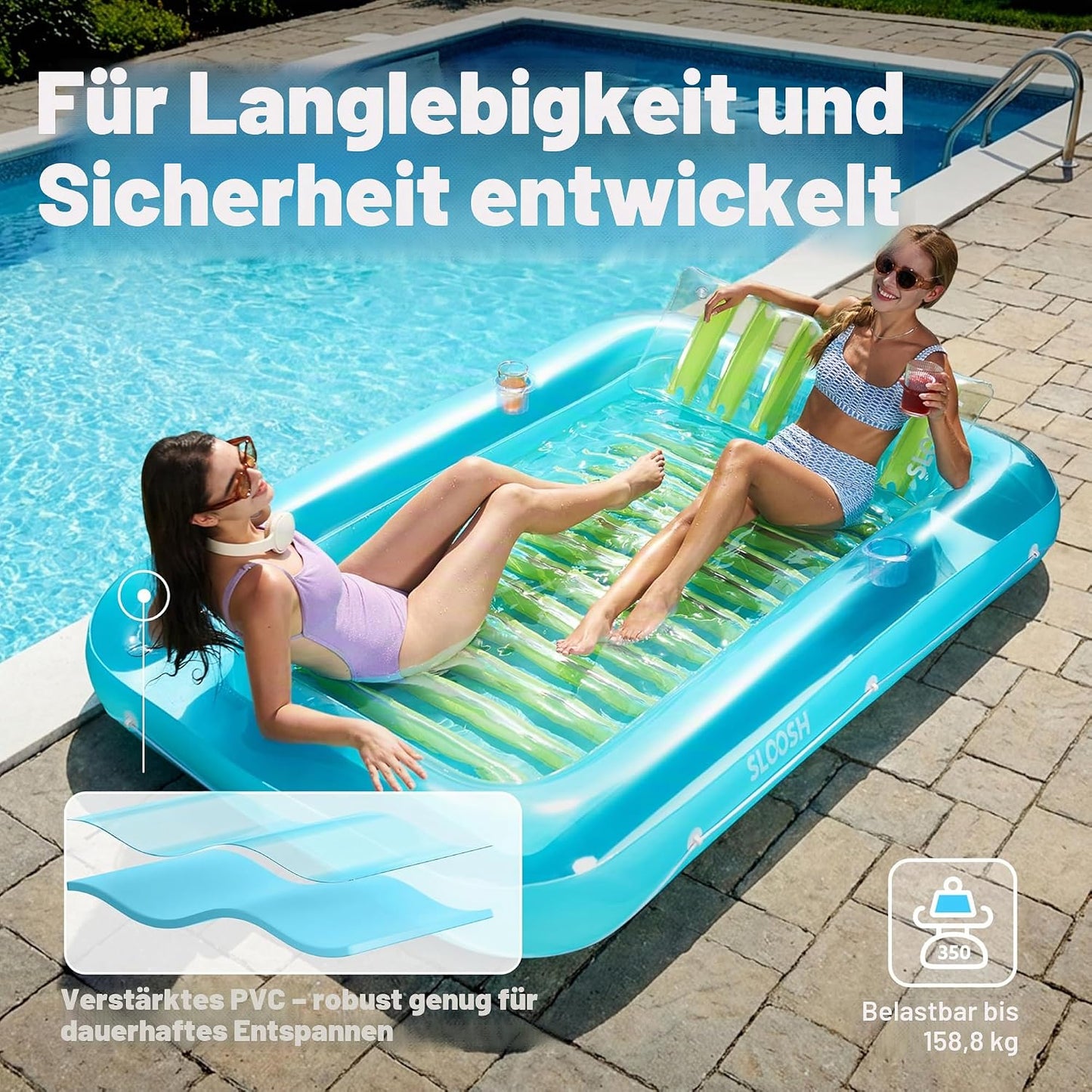 Aufblasbarer Sonnenpool mit abnehmbarem Kissen und Getränkehalter, Blau-Grün XL