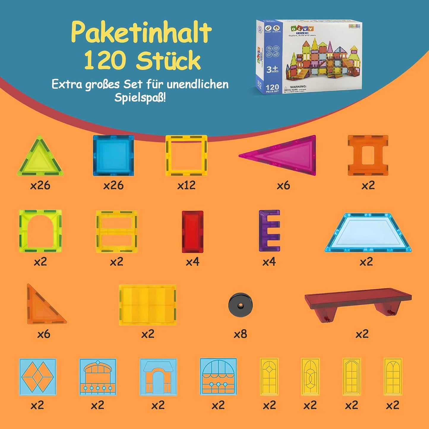 Magnetische Bausteine, 120 Magnetic Tiles