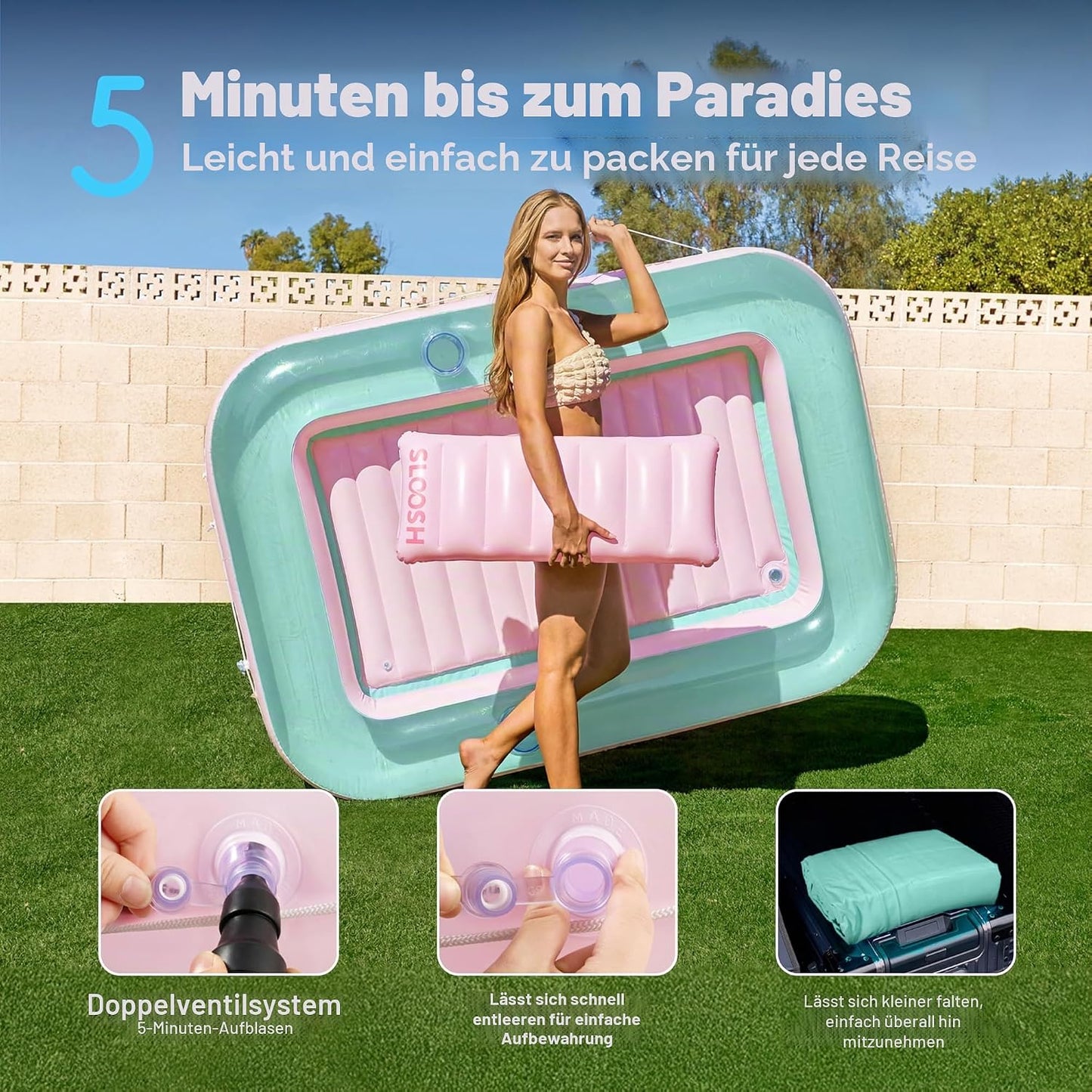 Aufblasbarer Sonnenpool mit abnehmbarem Kissen und Getränkehalter, Cyan-Pink L