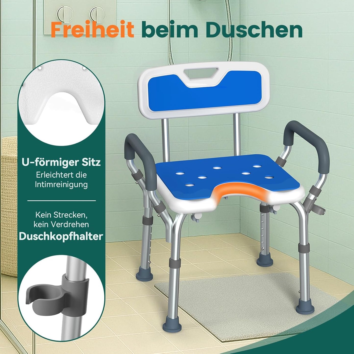 Höhenverstellbarer Duschstuhl mit Rückenlehne, LC03