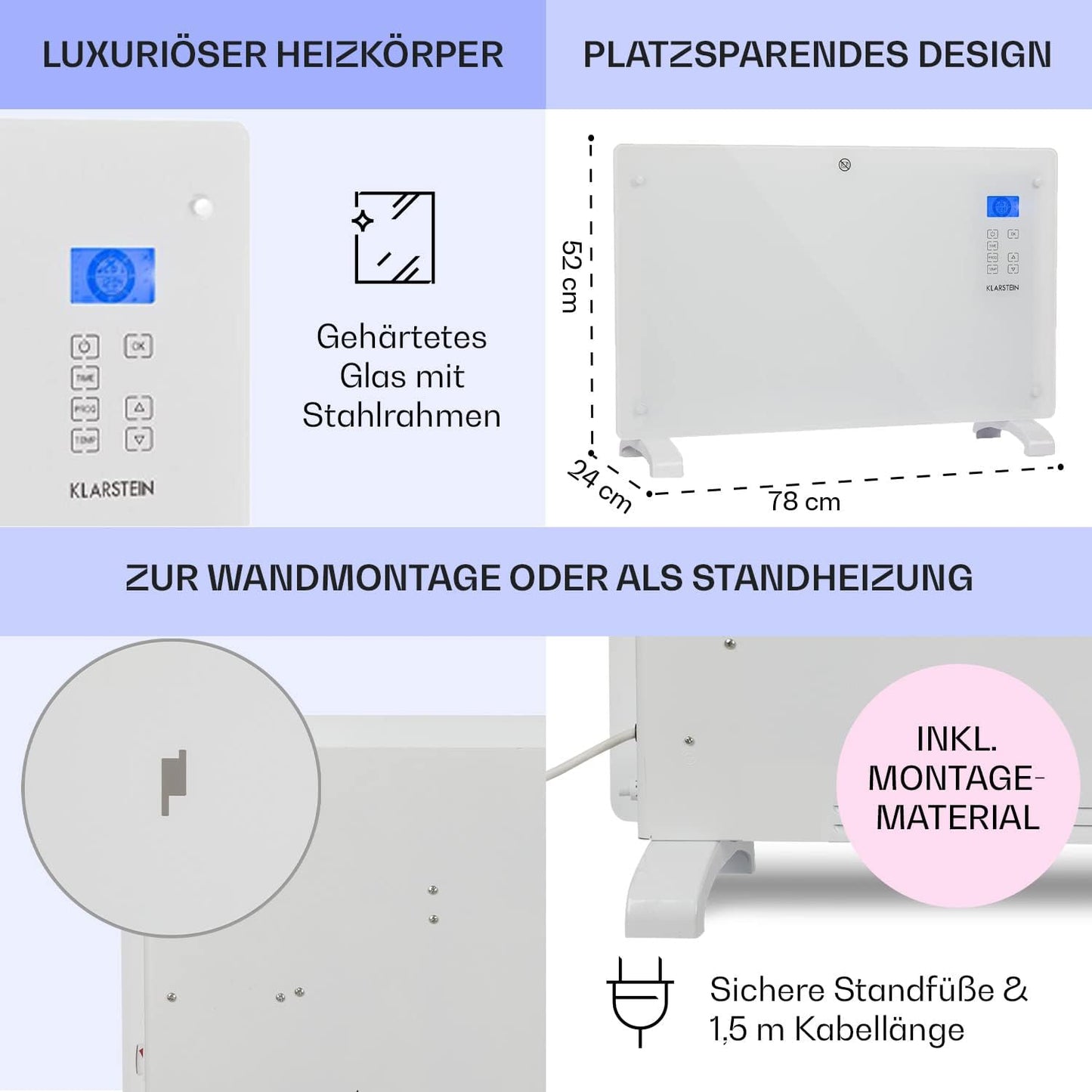 Elektroheizung Konvektor mit Thermostat, 2000 Watts - bis 30 m² Weiss