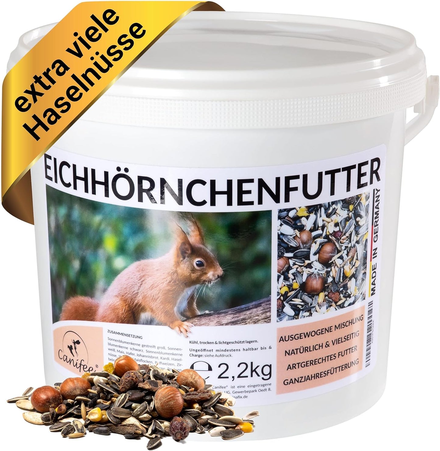 Eichhörnchenfutter mit Haselnüssen, Eimer 2,2 kg