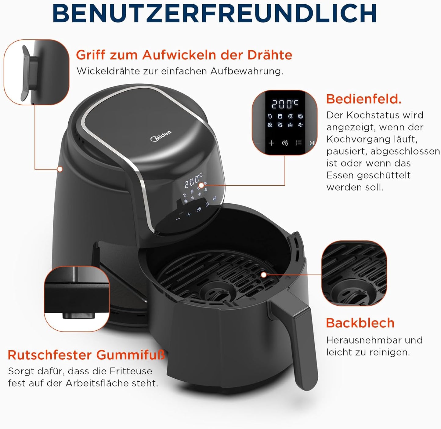 Heissluftfritteuse MAD40F8APK mit LED-Touchscreen, 4 L
